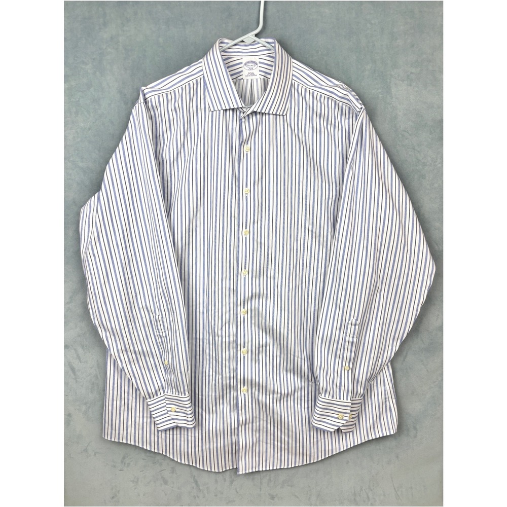 Brooks Brothers 346 Mens 17.5 36/37 Slim Fit Non-Iron Striped Dress Shirt Blue